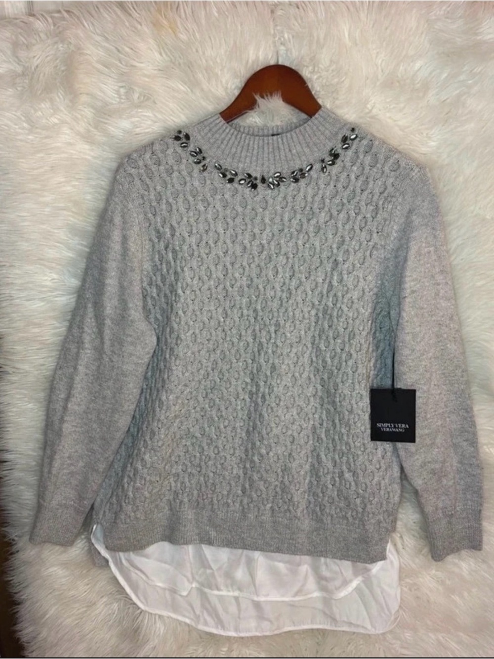 Simply Vera Vera Wang Gray Embellished Cable-Knit Layered-Hem Sweater